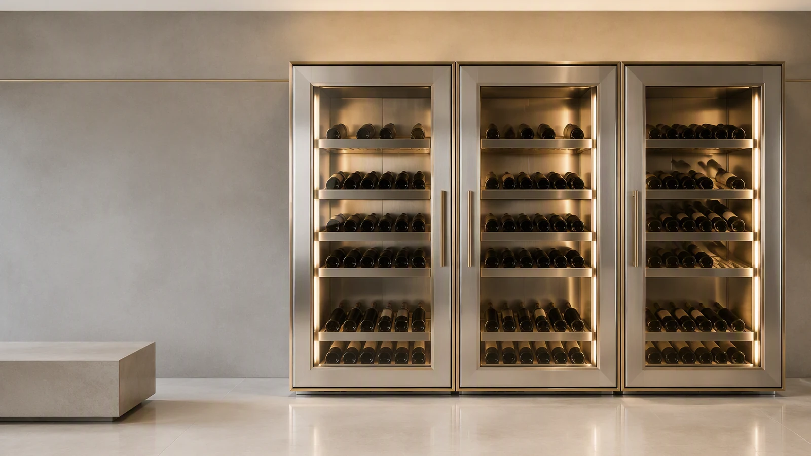 Cave à vin métallique sur mesure avec casiers en inox brossé et éclairage d'ambiance chaud