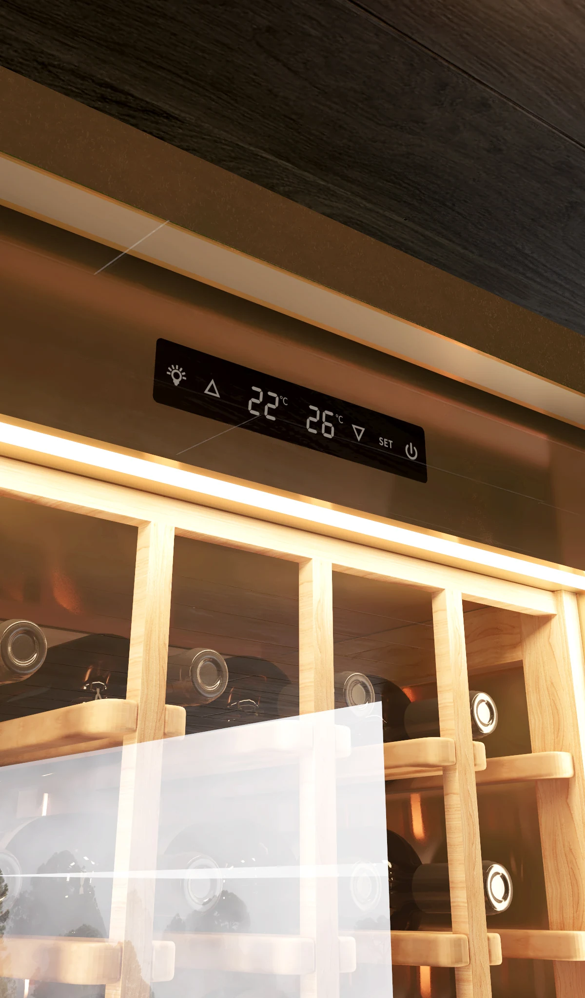 Top digital temperature panel of a stainless steel wine cabinet